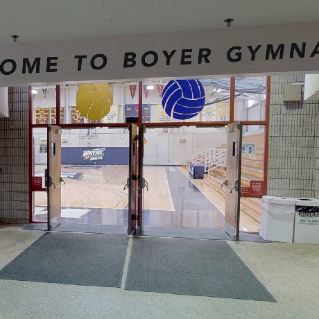 Boyer Gym entrance - Front doors leading to the basketball court